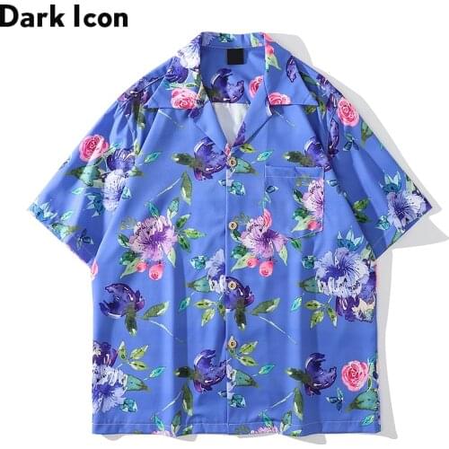Dark Icon Blue Floral Polo Shirt Men Street Fashion Mens Hawaiian Shirt Summer Blouse Man Blue Purple White