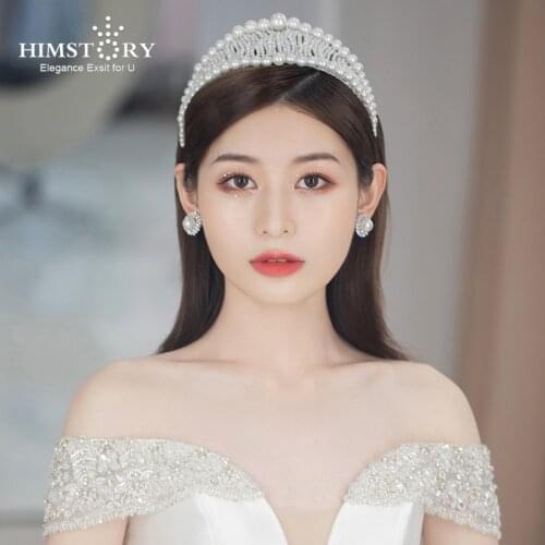 HIMSTORY European Pearls Brides Tiara Crowns Handmade Beading Princess Wedding Headbands Bridal Hair Accessory
