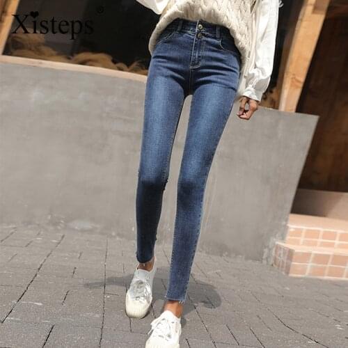 Xisteps Women Jeans Mid Waist 2021 Autumn Slim Fit Pencil Stretch Female Washed Denim Skinny Washed Pants Plus Size Trousers