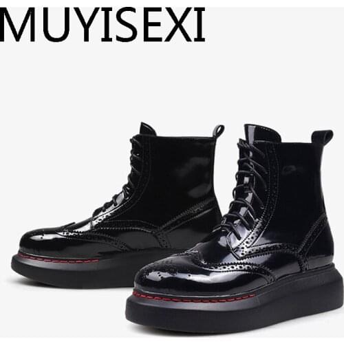 Hand sewing black genuine leather 4cm thick med heel platform round toe lace up leisure cozy warm lady ankle boot HL304 MUYISEXI