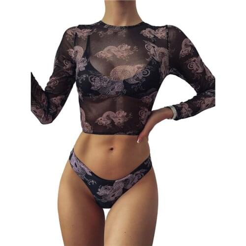 Xingqing 3 Pieces Bathing Suit Female Long Sleeve Crop Top+Sleeveless Spaghetti Strap Bikini Bra+ Bikini Panties Women Swimwear