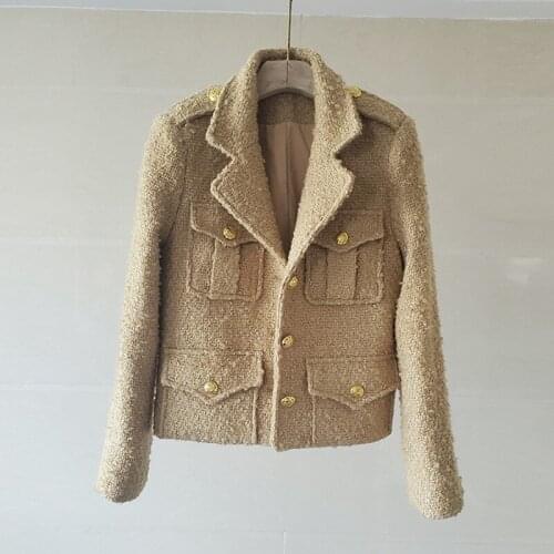 Runway Fall Winter Vintage Coffee Color Woolen Tweed Jacket Womens Luxury Pocket Design Coats Female Casacos Blouse