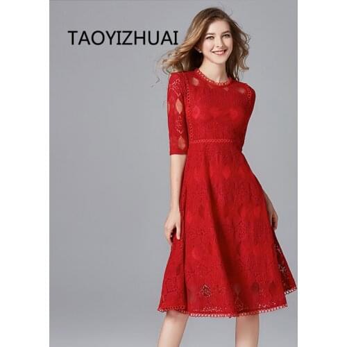 TAOYIZHUAI 2019 New Arrival Autumn Plus Size L Geometric Red Party Dress Half Sleeve O-Neck Vintage Slim Lace Dress Women 14132