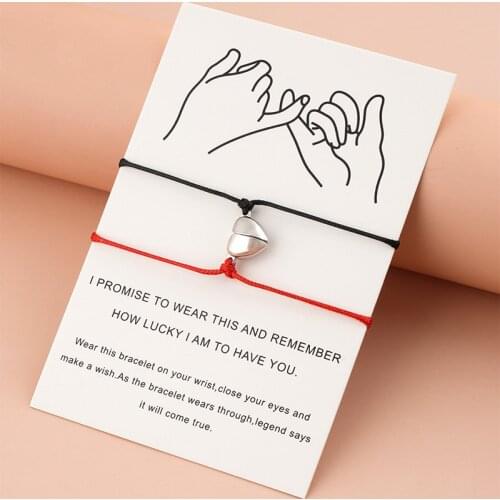 2PCS/Set Heart-shaped magnet Couple Bracelet Adjustable Black Red Rope Hand Bracelet Classic Men Women Paired Bracelet Wholesale