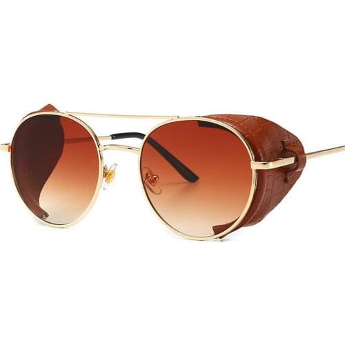 2019 Cool Fashion Punk Style Round Sunglasses Leather Side Shield Brand Design Sun Glasses Ultra Light Men Fishing UV SunglassNX