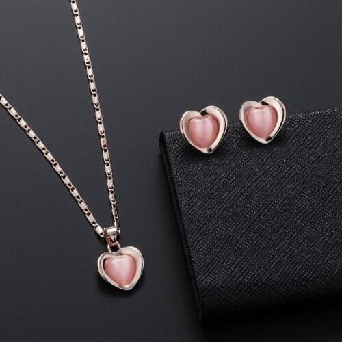 2021 Dropship Opal Heart Necklace Earrings Jewelry Set Pink Stones Pendants Neck Chains Accessories For Women Mothers Day Gift