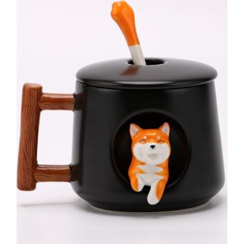 420ML Cute Shiba Inu Akita Dog Milk Coffee Tea Mug Cup With Lid Spoon Personality Cartoon Creative Design