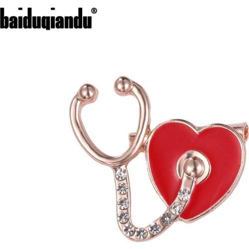 Baiduqiandu New Design 2 Styles Brooches Doctor Nurse Stethoscope Heart Brooch Medical Students Jewelry Red Enamel Pin Pins