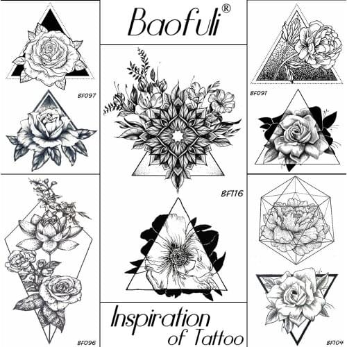 Baofuli Triangle Rose Geometric Flower Tattoo Black Fake Geometric Temporary Henna Tattoo Sticker Black Floral Body Art Tatoo