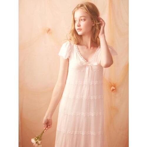 Free Shipping 2020 New Summer Princess Nightdress Womens Short Nightgown Lace Sleepwear Soft Modal Pink and White Nightshirt