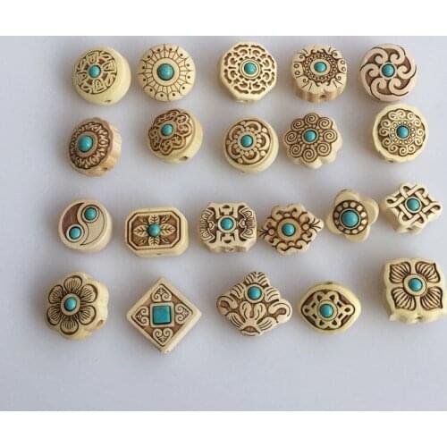 2pcs 14X8mm Natural Boxwood Beads Floral Inlaid Turquoise Carved Crimp End Bead Earrings Jewelry Finding Beading Supplies