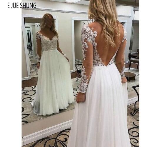 EJUE SHUNG Modern White Backless Wedding Dresses Illusion Long Sleeves V Neck Lace Appliques Chiffon Bridal Gowns robe de mariee