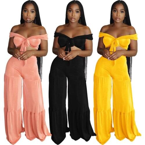 Elegant Womens Wide Leg Pants 2 Pieces Sets Off Shoulder Pure Strapless Crop Top Long Flare Club Trousers Streetwear Bell Pants