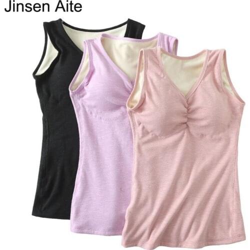 Jinsen Aite Women Cotton Fleece Thickening Tank Solid Color Sleeveless T shirts Fashion Winter Style Slim Female Vest Tops JS54