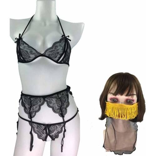 Women Bikini Sexy Lingerie Set V-neck Bra Garter Lingerie Set Underwear Bra Mask Set Sexy Erotic G-string Pajamas Red Black