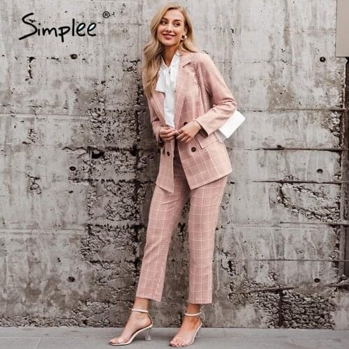 Simplee Office lady apricot autumn winter blazer suits Elegant plaid pocket women sets V-neck new fashion long sleeve sets