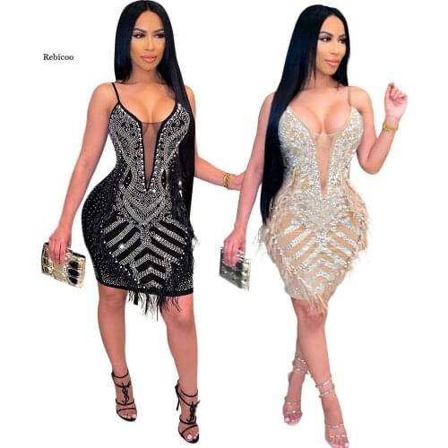 Beautiful Crystal Feather Glam Short Party Dress Womens Spagetti Straps Bodycon Pearls Sequins Dress Birthday Outfits
