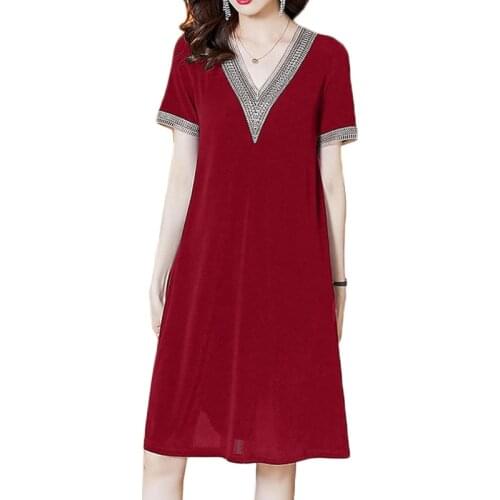 Summer Womens Dresses New Sexy V-neck Loose Plus Size 5XL Dress Female Black Red Vestidos Middle-aged Elderly Womens Clothing