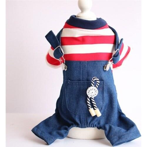 Fashion Denim Dog Jumpsuit Striped Four-Legged Puppy Coat Jeans Small Dog Rompers Autumn Winter Overalls For Chihuahua Teddy