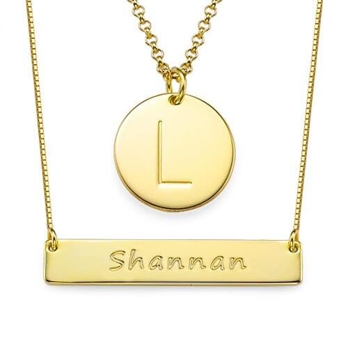 2 Piece/lot Layer it Up Engraved Bar Necklace + Initial Necklace Custom Nameplate Pendent Set Fashion Jewelry
