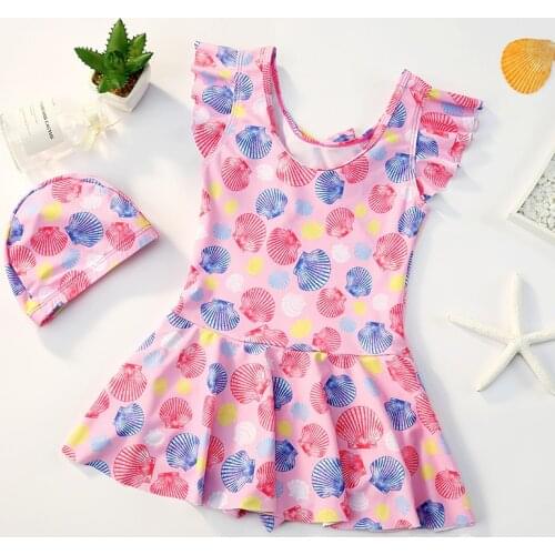 New Cute Childrens One-piece Swimsuit Cartoon Shell Swimsuit Swimming Cap Set for Girls Summer Breathable Baby Girl Swimwear