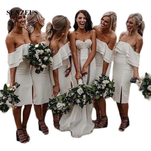 Boat Neck Sheath Bridesmaid Dresses Short Knee Length White Wedding Party Dresses Leg Slit Maid of Honor Dresses Spandex SBD77