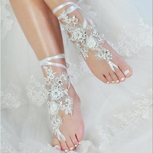 Beach Wedding Shoes for Women Lace Appliques Bridal Accessories 2020 Open Toe White Ivory Anklets Bridal Shoes With Pearls