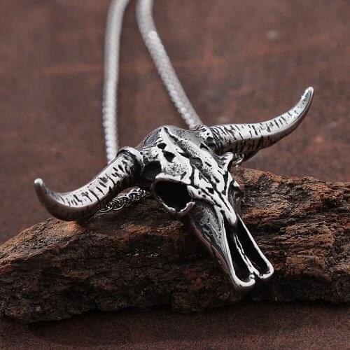 Gothic Bull Head Skull Pendant Stainless Steel Punk Hip Hop Biker Mens Animal Skull Necklace Pendant Jewelry Gift Wholesale