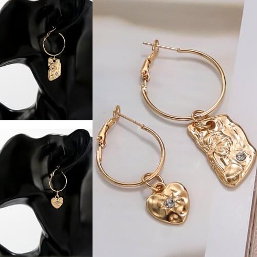 Gold Plated Mismatch Asymmetry Heart Hoop Drop Dangle Earrings For Women Geometric Bohemia Girl Fashion Design Gift Ear Jewelry