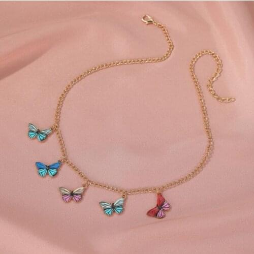Colorful Enamel 5 Butterfly Pendants Necklaces Women Statement Jewelry Choker Gold Chain Street Butterfly Animal Necklace bijoux