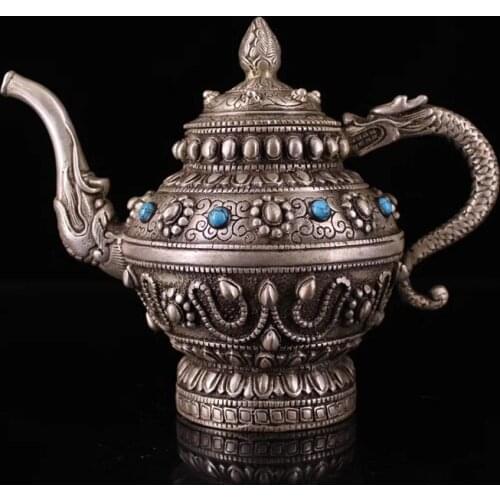 Pure handmade gem-set silver Tibetan style jug decoration teapot kettle,Free shipping