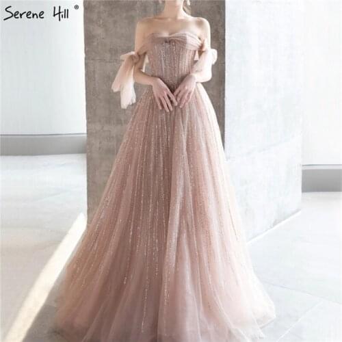 Serene Hill Pink Off Shoulder A-Line Zipper Evening Dress 2020 Beading Sleeveless Luxury Formal Party Wear Gown CLA70434