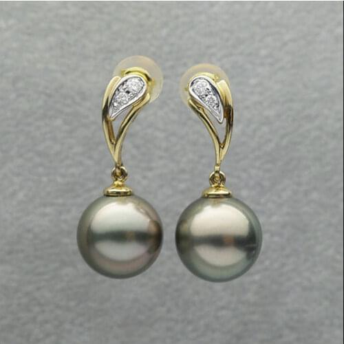 Free Shipping AAA Green Tahitian Sea Cultured Pearl Diamond Drop Earrings 18k Yellow Gold 10mm