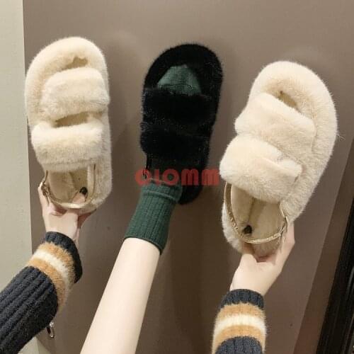 Women Summer Casual Fur Slippers Flat Non-slip Solid Real Fox hair Slides Large Size Slippers size 35-39