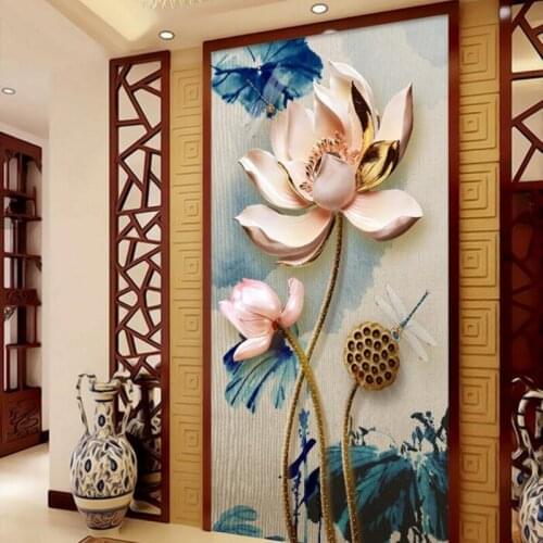 Three-dimensional relief lotus Chinese ink painting wallpaper custom 3d murals,living room bedroom TV sofa wall porch wallpaper