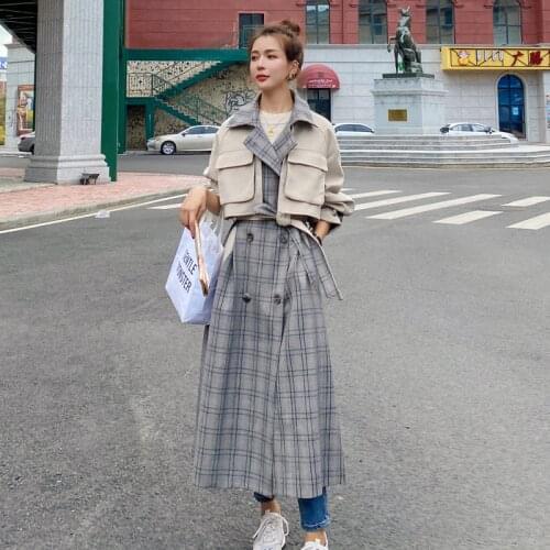 Womans Trench Coat Autumn 2020 new Korean Fashion Splice Plaid Trench Coat Outwear Personality Turn-down collar Women Casual