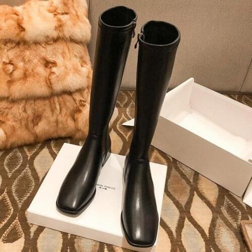 New Women Square Toe Black Riding Boots Zippers Knee High Boots Medium Heels Beige Boots Ladies Fashion Korean Ladies Boot Shoes