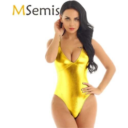 Womens Monokini Shiny Swimsuit Wetlook Leather Catsuit Leotard Swimwear One Piece Metallic High Cut Gymnastics Leotard Bodysuit