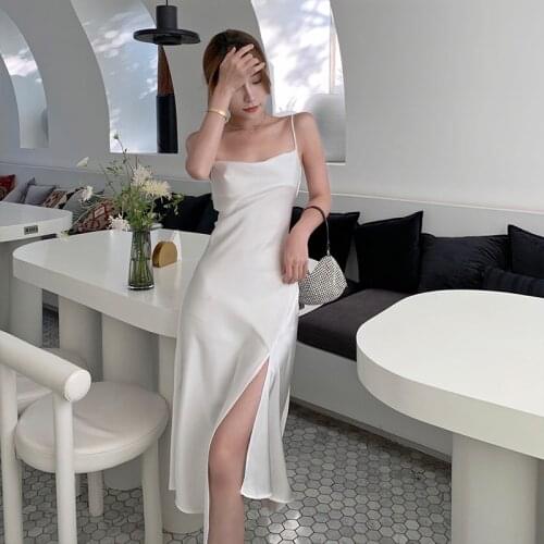 Satin Women Split fork long Dress Temperament Backless Slim vestidos Sexy Party Elegant women white dress vestido feminino 2021