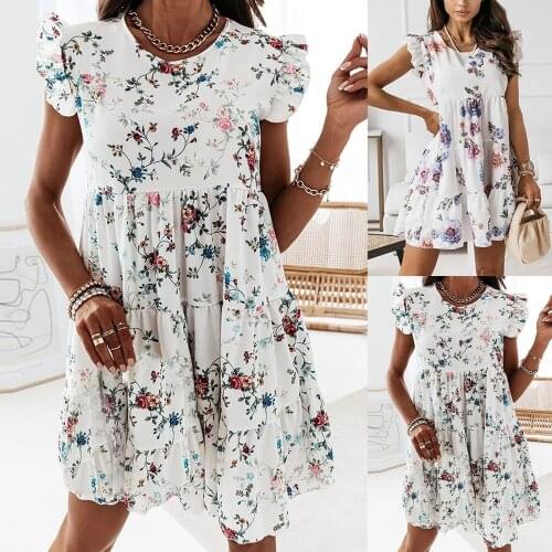 Bohemian Floral Print Dress Women Summer Fly Sleeve O Neck Swing Dresses A-line Ruched Boho Dresses Elegant Sundress Femme 2021