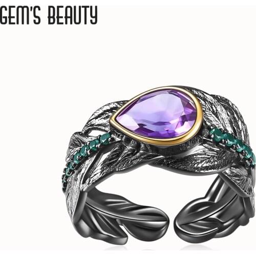 GEMS BEAUTY 925 Sterling Silver For Women Rings Feather Pear Cut Natural Amethyst Handmade Adjustable Open Rings