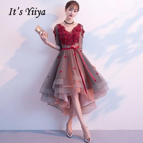 Prom Dress Its Yiiya AR420 Appliques Beading Vestidos De Gala Elegant High Low Length Party Gowns Backless V-neck Prom Dresses