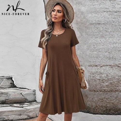 Nice-forever Summer Women Simplicity Pure Color with Pocket Dresses Casual Loose Shift Dress btyT027