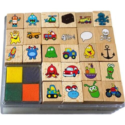 26pcs Wooden Stamps Crafting Cartoon Pattern Stamps With Ink Pad DIY Craft Card Stamp For Childrens Gift