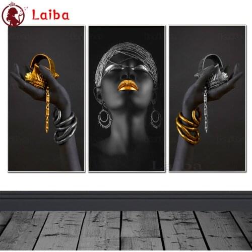 3 pcs diamond embroidery full drill African Art Black Woman With Golden Jewellery Wall Painting diamond Picture Room Decoration