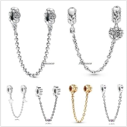 Authentic 925 Sterling Silver Two-tone Heart Family Tree Safety Chain Charm Bead Fit Pandora Bracelet & Necklace Jewelry