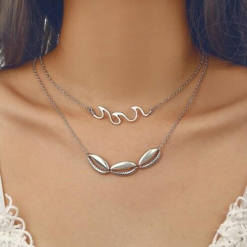 2020 Bohemian Metal Cowrie Wave Double layer Choker Necklace for Beach Surfer Charm Pendant on neck Collar Necklace Jewelry Gift