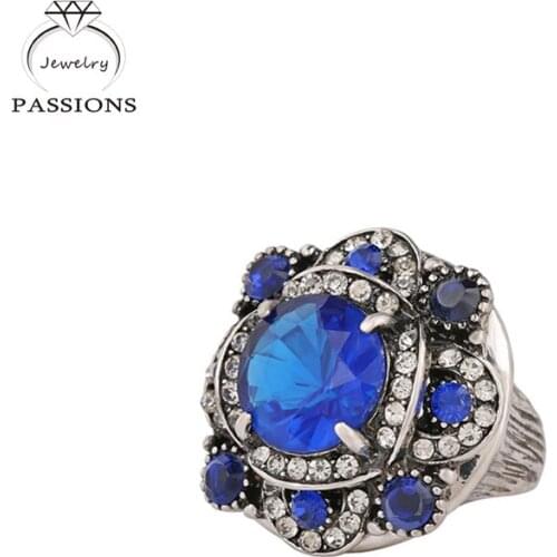 Ethnic Style Blue&Red Crystal Flower Petal Antique Silver Color Rings Rhinestone Bohemian Hyperbole Ring Women&Men Jewelry Gift