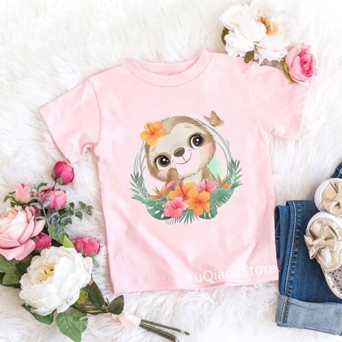Floral Sloth/Monkey/Pig/Panda/Flog/Bunny/Snail/Bird/Whale/Zebra/Sea Lion/Octopus Animal Print Girl T-Shirt Pink Clothes Kids Top