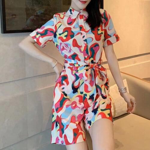 Streetwear Fashion Printed Jumpsuit Womens Summer New 2021 High-end Waist Slimming Temperament Elegant Wide-leg Short Pants